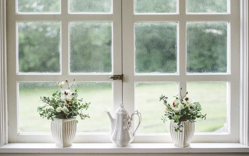Decorative plant pots on window ledge